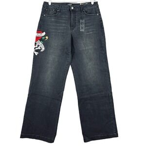 ED HARDY Women's Tattoo Art Style Black Denim Jeans 32 Wide Leg Embroidered NWT